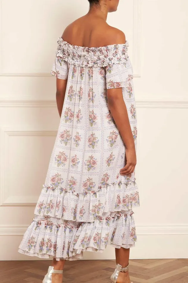 Tiled Blooms Chiffon OffShoulder Ankle Gown Multi Women Needle and Thread Dresses