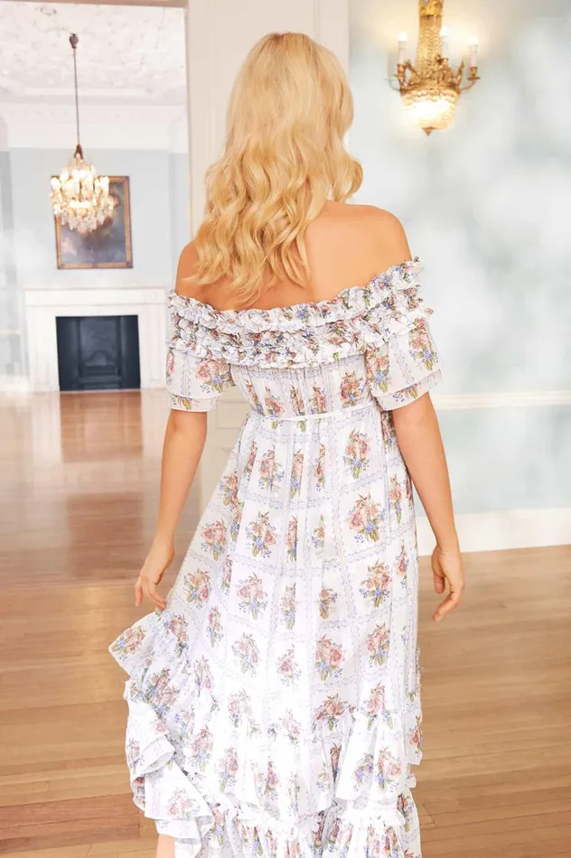 Tiled Blooms Chiffon OffShoulder Ankle Gown Multi Women Needle and Thread Dresses