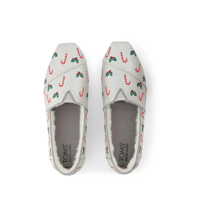 Toms TOMS Classics Alpargata Cloudbound Cozy Silver Shimmer Embroidered Candy Canes 8211 Women Toms TOMS Classics Alpargata Cloudbound Cozy Silver Shimmer Embroidered Candy Canes 8211 Women