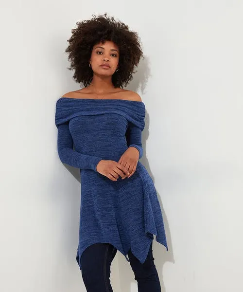Tops Tunics and Blouses Apparel Maisie Jersey Bardot Tunic Blue Joebrowns