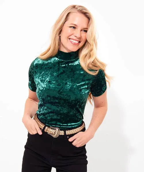 Tops Tunics and Blouses Marcie Velour Short Sleeved Top Green Joebrowns Apparel