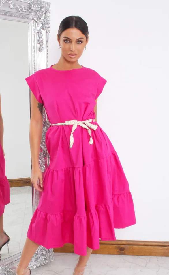 Vander Hot Pink Tiered Cap Sleeve Smock Dress Women Missfiga Skater Dresses