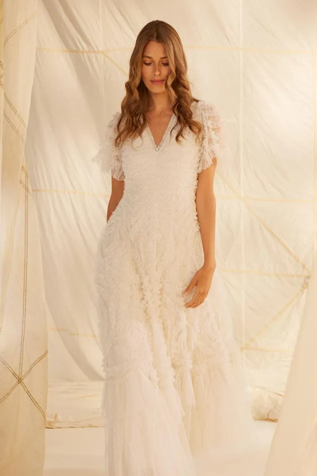 Verity Ruffle VNeck Gown Champagne Women Needle and Thread Dresses