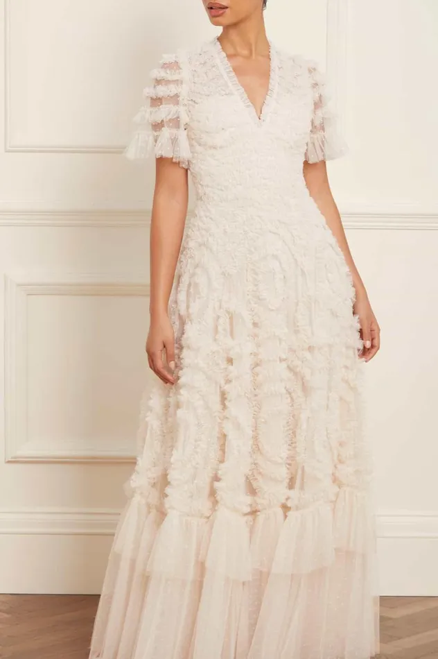 Verity Ruffle VNeck Gown Champagne Women Needle and Thread Dresses