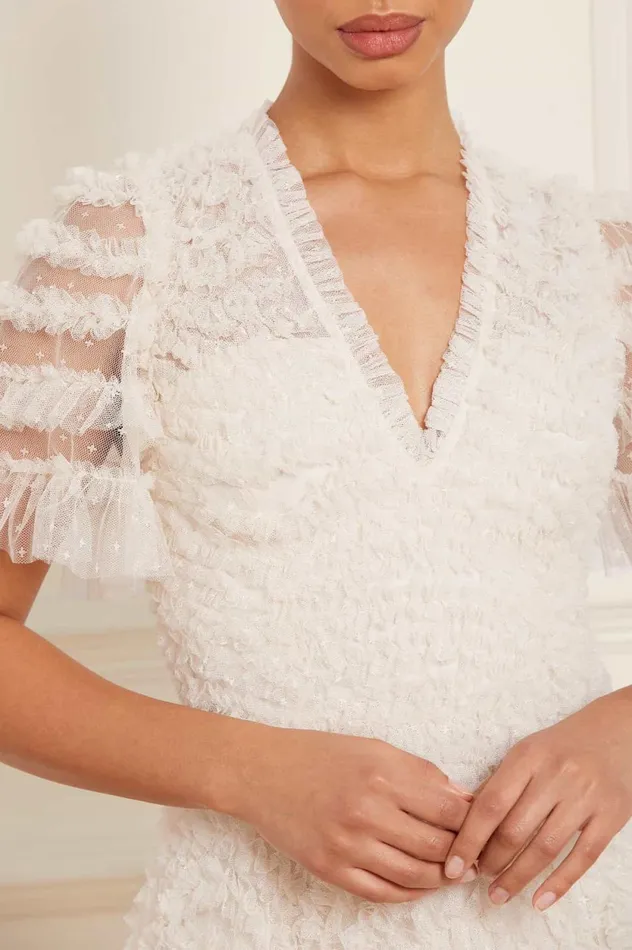 Verity Ruffle VNeck Gown Champagne Women Needle and Thread Dresses