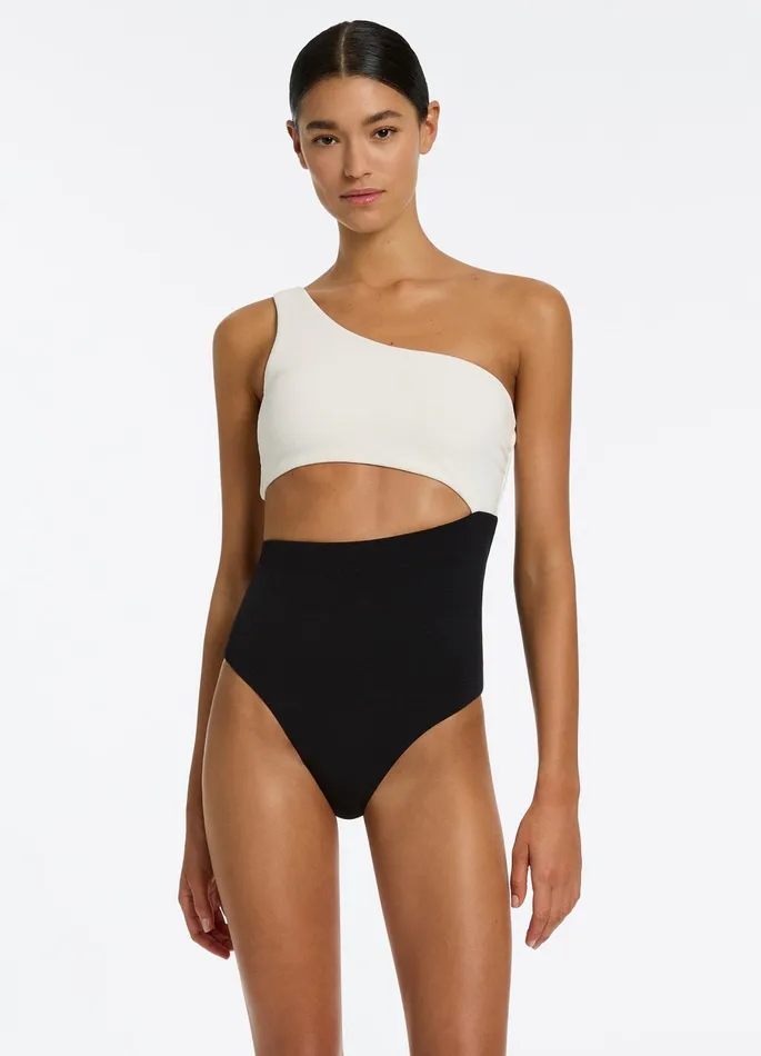 Versa Rib One Shoulder One Piece Blackcream Women JETS Australia One Shoulder One Piece