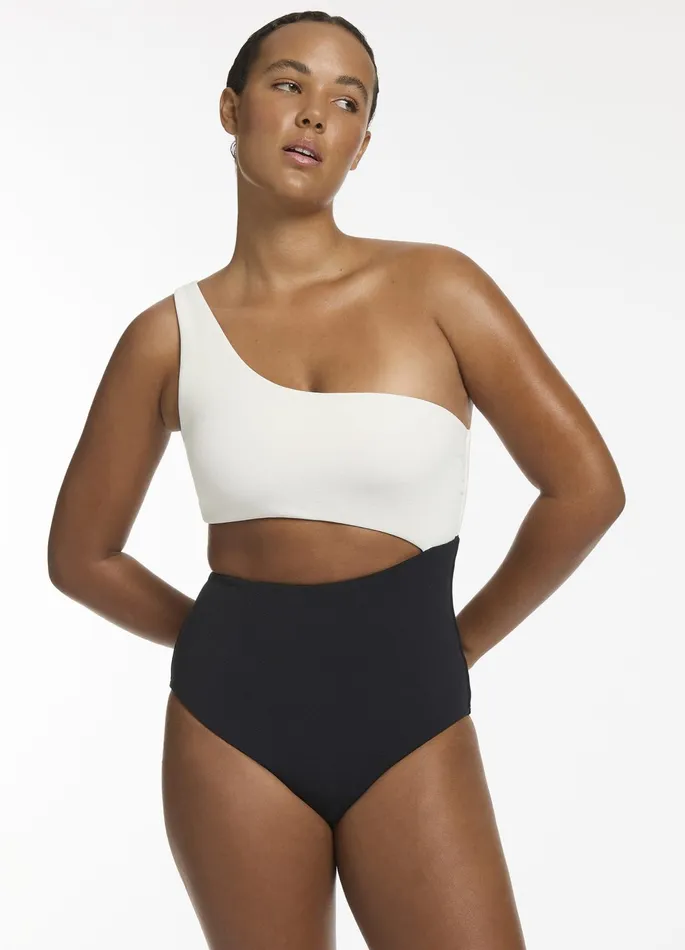 Versa Rib One Shoulder One Piece Blackcream Women JETS Australia One Shoulder One Piece