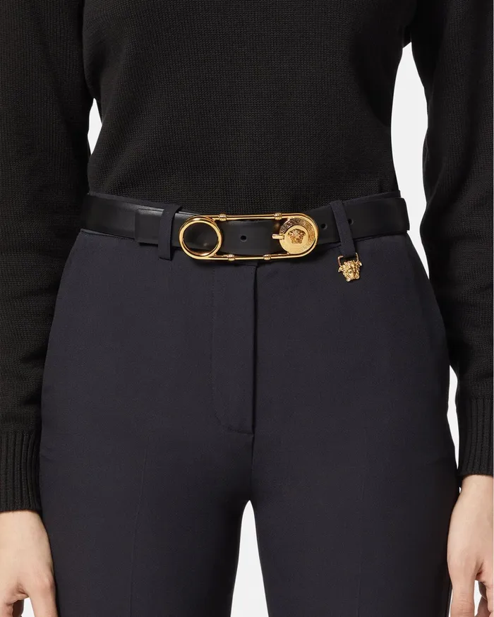 Versace Belts Women Safety Pin Leather Belt 3 Cm Blackgold