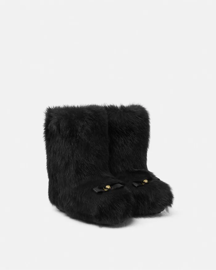 Versace Boots Women Gianni Ribbon Shearling Boots Blackgold