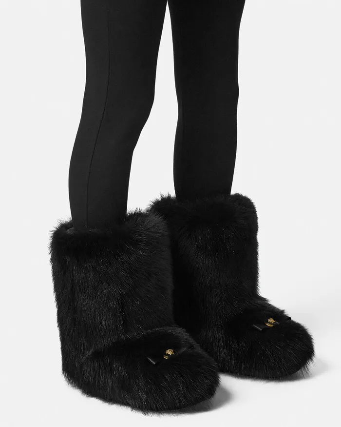 Versace Boots Women Gianni Ribbon Shearling Boots Blackgold