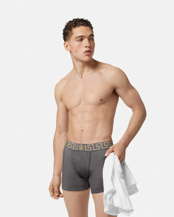 Versace Boxers Men Greca Border Long Trunks Gray