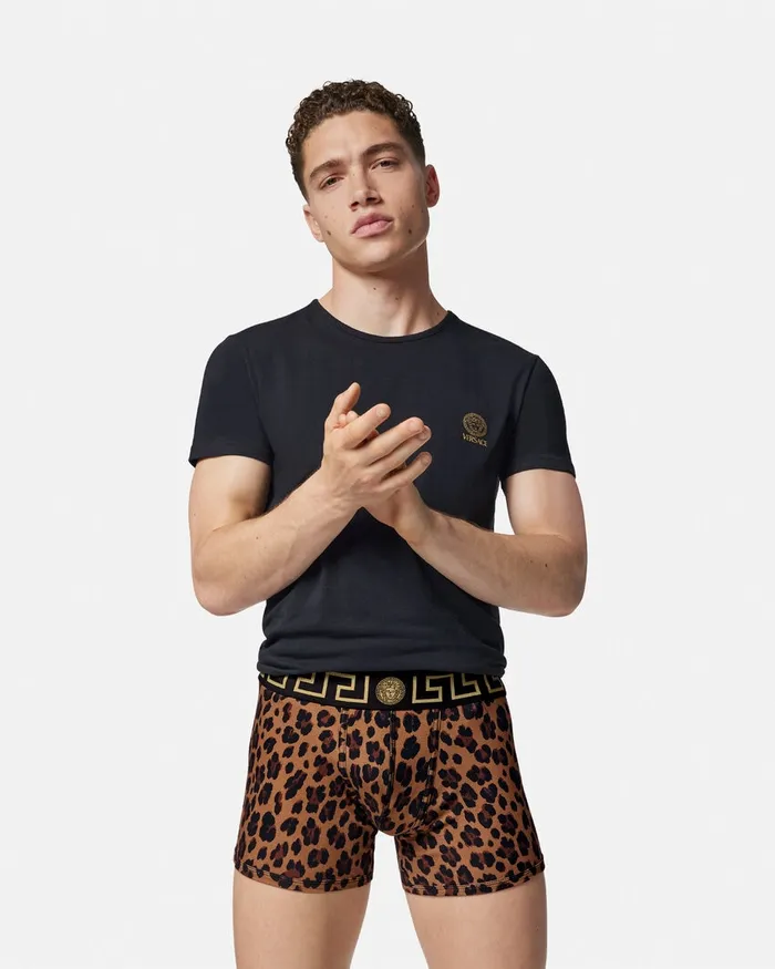 Versace Boxers Men Leopard Greca Border Long Trunks Animalier