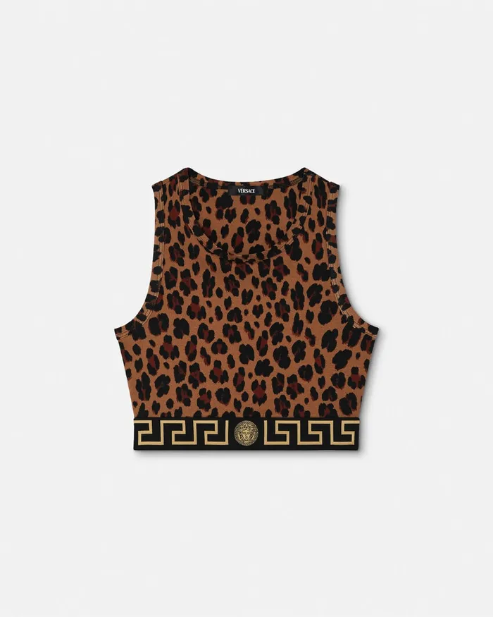 Versace Bras and Briefs Women Leopard Greca Border Crop Top Animalier