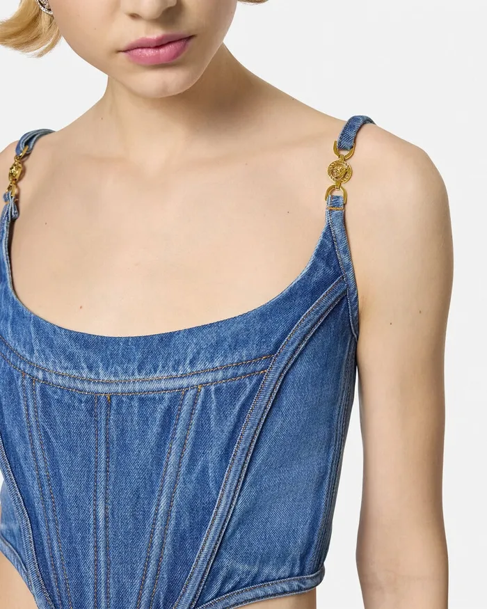 Versace Denim Women Medusa 03995 Denim Corset Top Blue