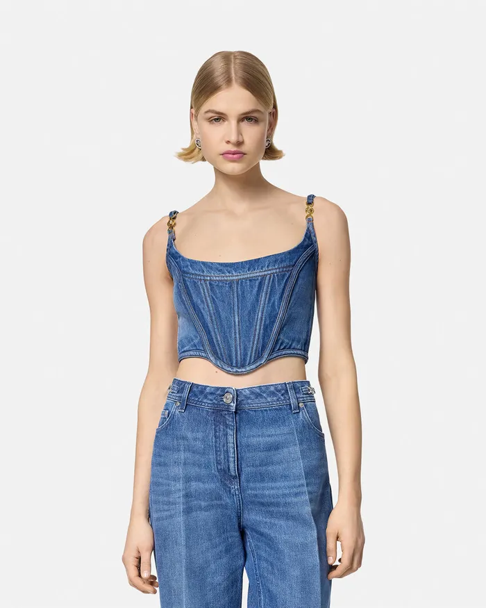 Versace Denim Women Medusa 03995 Denim Corset Top Blue