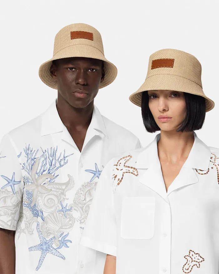 Versace Hats and Caps WomenMen Logo Raffia Bucket Hat Beige