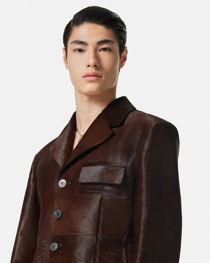 Versace Jackets and Coats Men PonyEffect Leather Jacket Brown