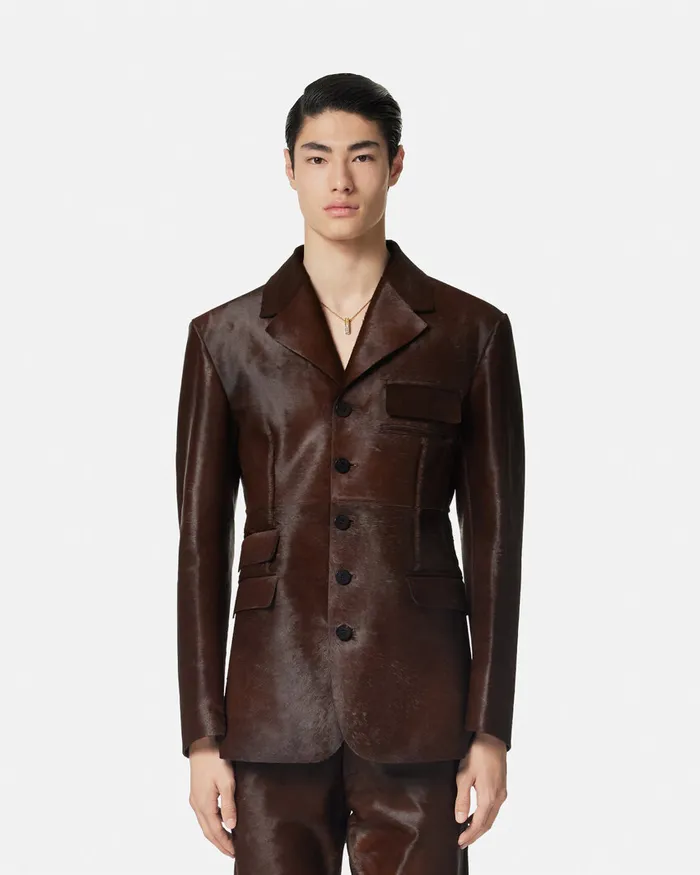 Versace Jackets and Coats Men PonyEffect Leather Jacket Brown