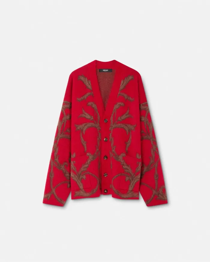 Versace Knitwear Men Acanthus Leaves MohairBlend Cardigan Red