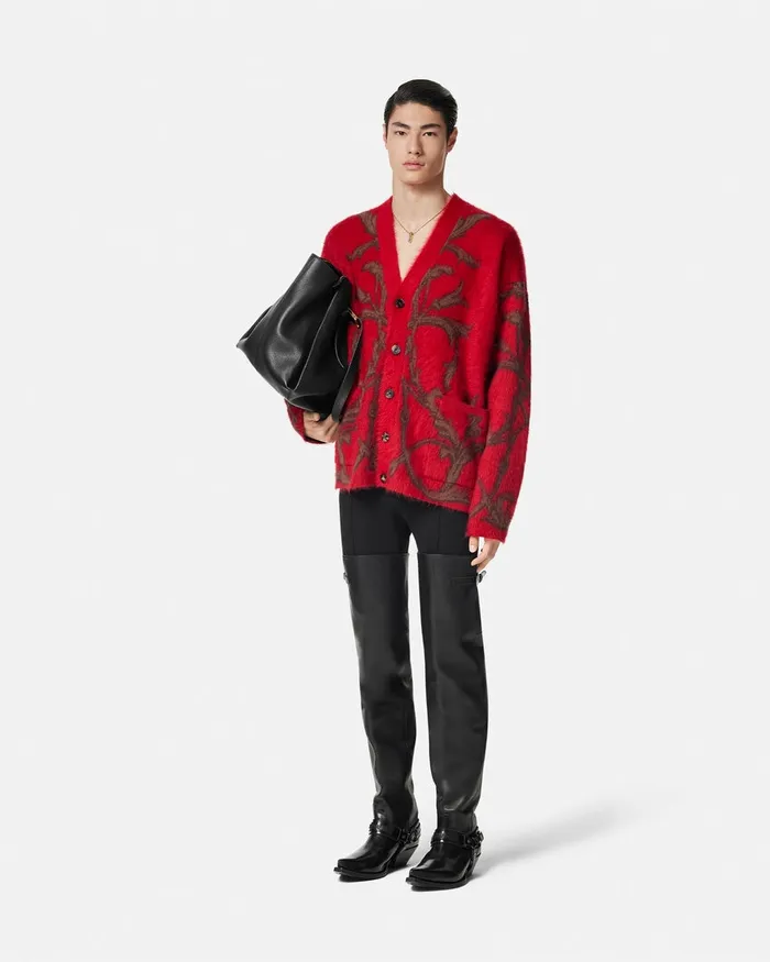Versace Knitwear Men Acanthus Leaves MohairBlend Cardigan Red