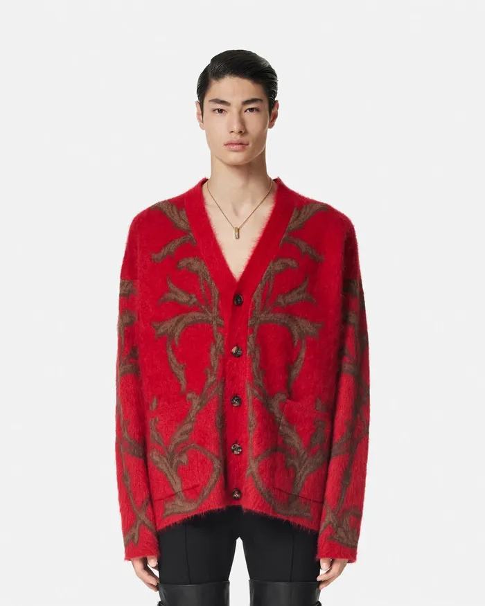 Versace Knitwear Men Acanthus Leaves MohairBlend Cardigan Red