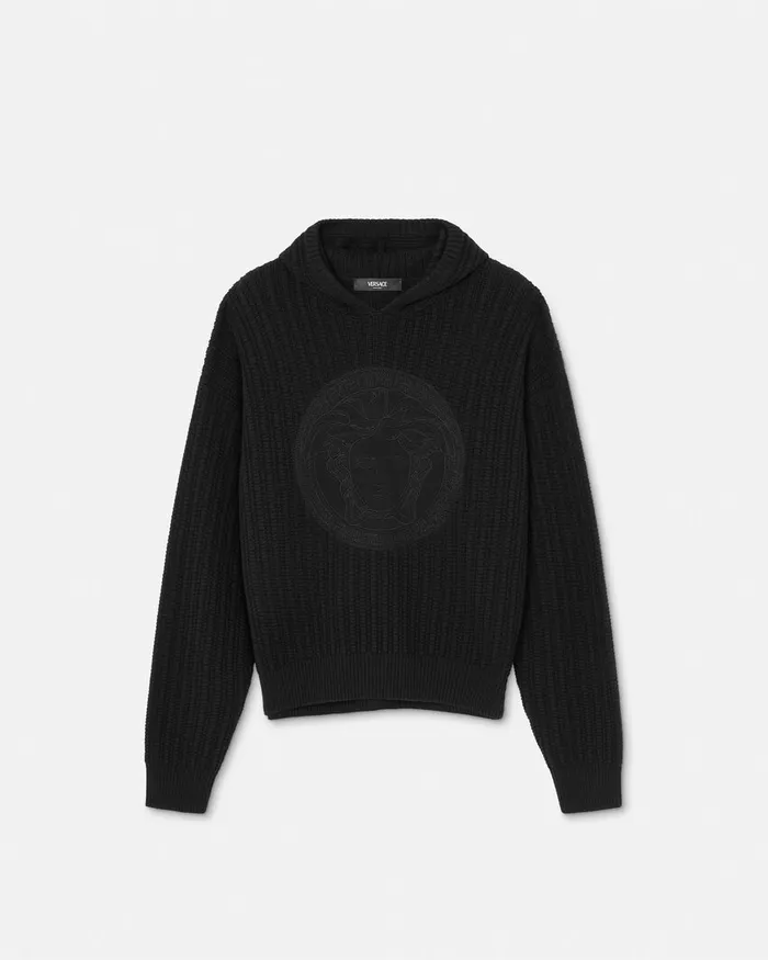Versace Knitwear Men Embroidered Medusa CableKnit Hoodie Black
