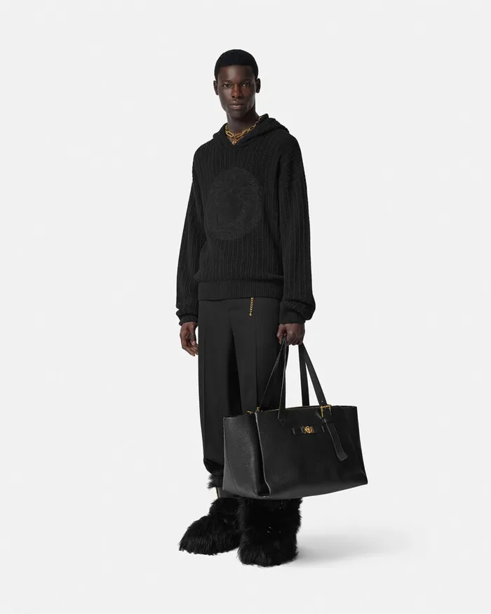 Versace Knitwear Men Embroidered Medusa CableKnit Hoodie Black