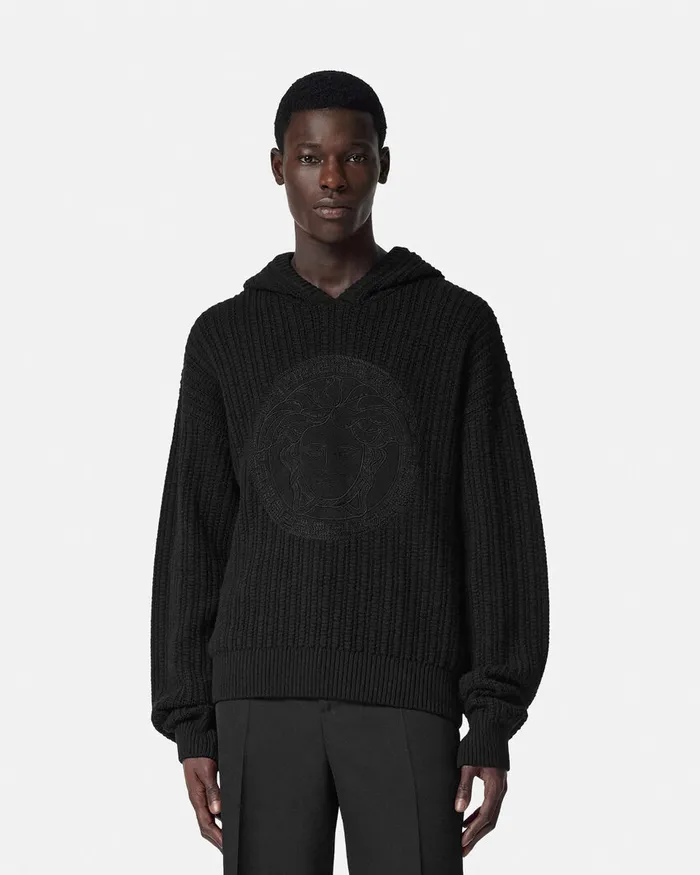 Versace Knitwear Men Embroidered Medusa CableKnit Hoodie Black