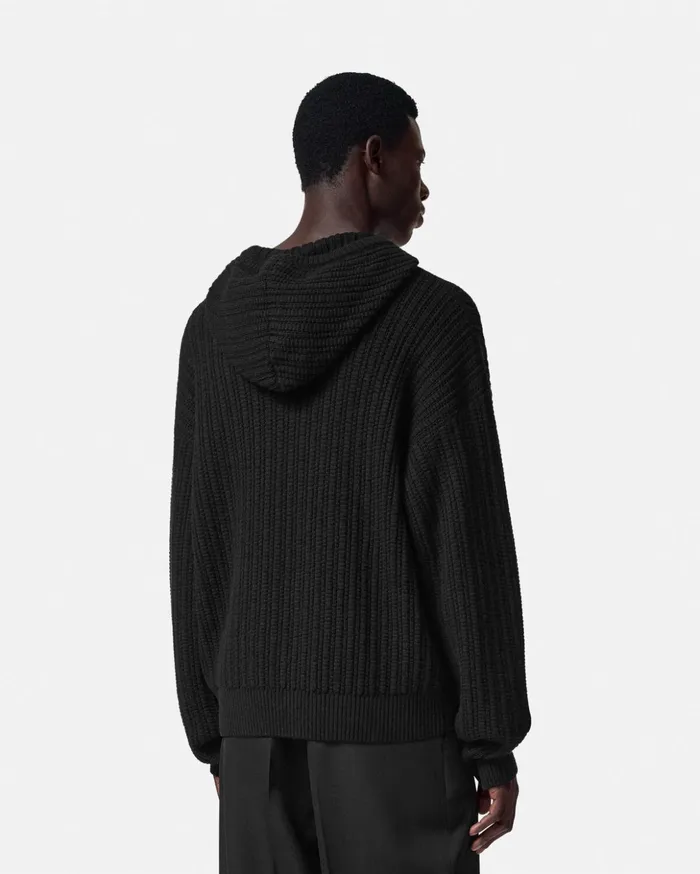Versace Knitwear Men Embroidered Medusa CableKnit Hoodie Black