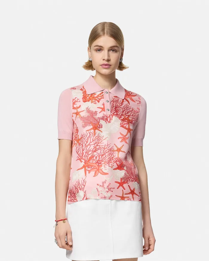Versace Knitwear Women Barocco Sea Knit Polo Shirt Pinkprint