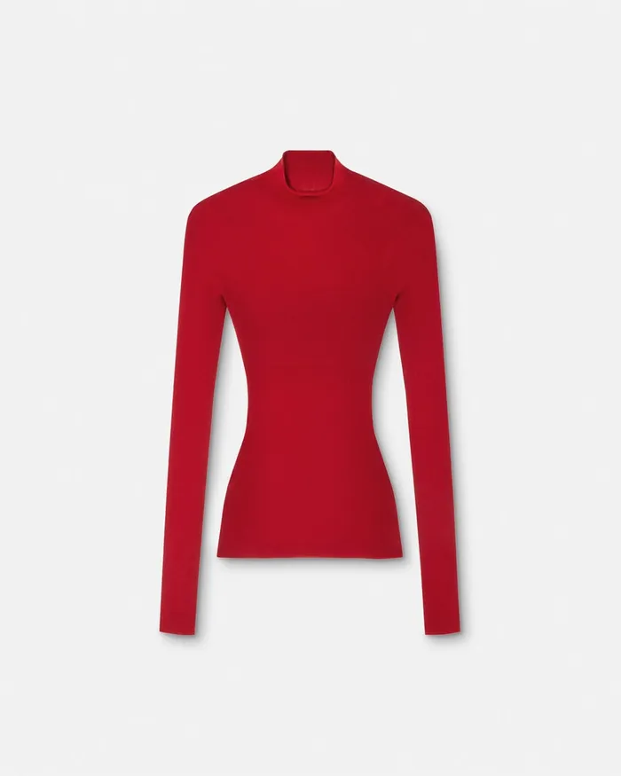Versace Knitwear Women Merino Wool Fitted Ribbed Knit Top Red