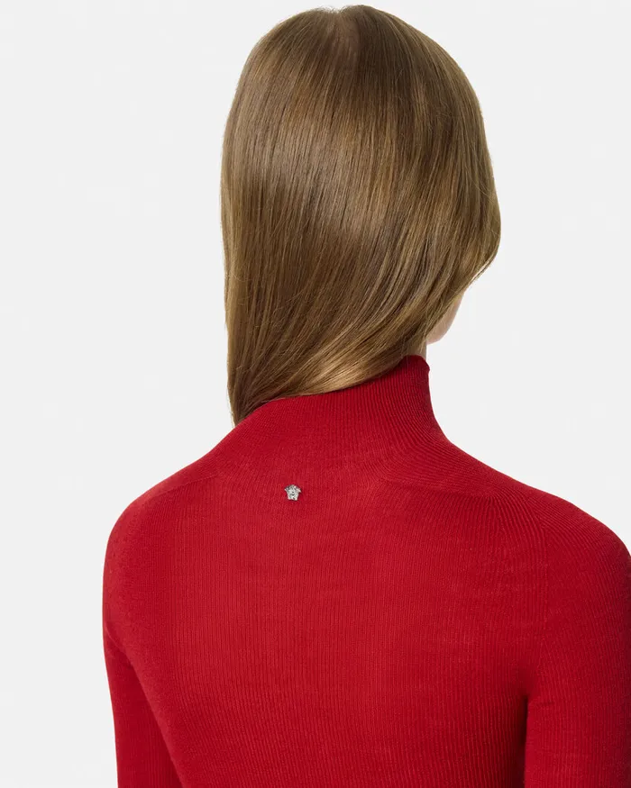 Versace Knitwear Women Merino Wool Fitted Ribbed Knit Top Red