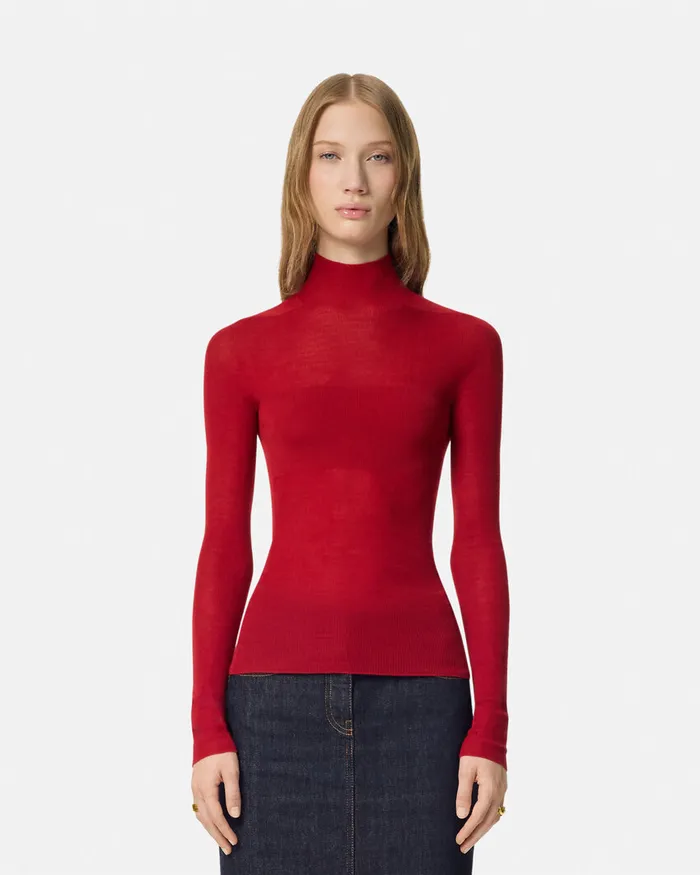 Versace Knitwear Women Merino Wool Fitted Ribbed Knit Top Red
