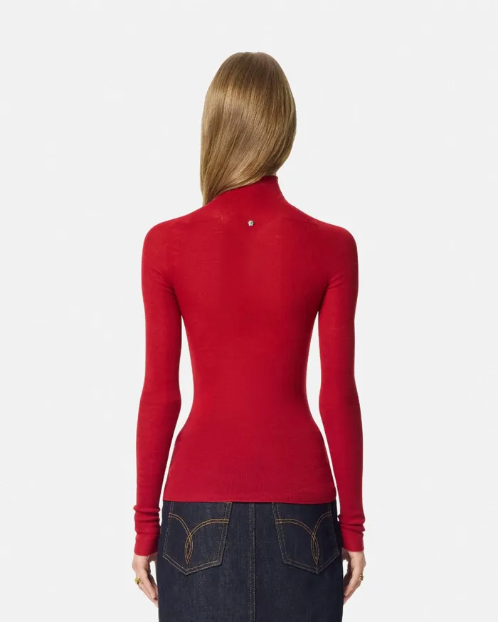 Versace Knitwear Women Merino Wool Fitted Ribbed Knit Top Red