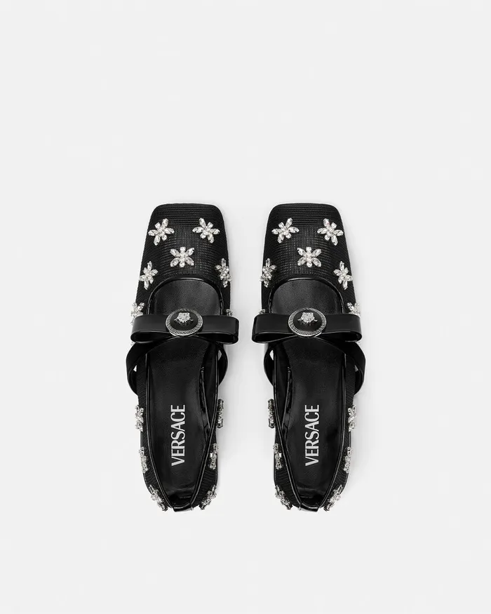 Versace Loafers and Flats Women Crystal Mesh Gianni Ribbon Ballerinas Blacksilver