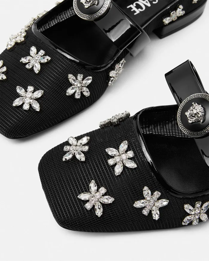 Versace Loafers and Flats Women Crystal Mesh Gianni Ribbon Ballerinas Blacksilver
