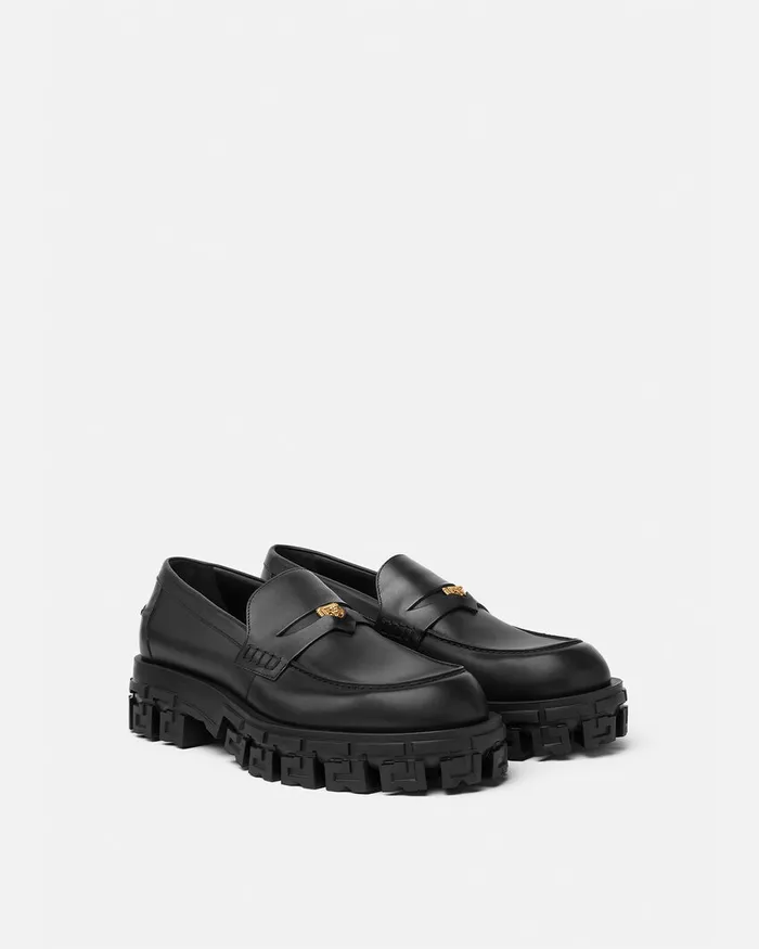 Versace Loafers and Slippers Men Greca Portico Loafers Blackgold