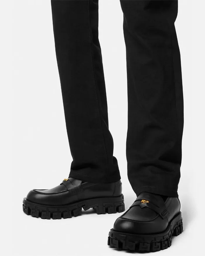 Versace Loafers and Slippers Men Greca Portico Loafers Blackgold