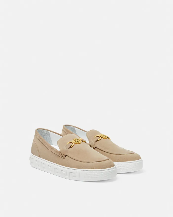 Versace Loafers and Slippers Men Medusa 03995 Suede Greca Loafers Beige
