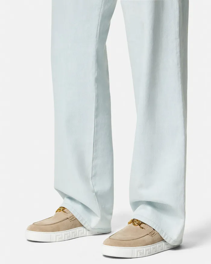 Versace Loafers and Slippers Men Medusa 03995 Suede Greca Loafers Beige