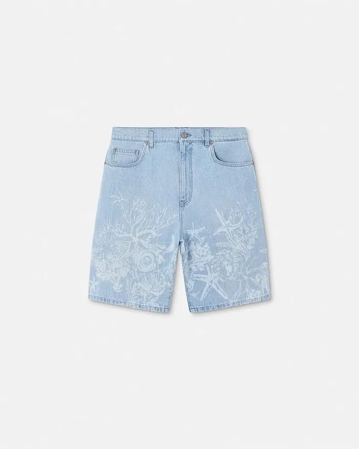 Versace Pants and Shorts Men Lasered Barocco Sea Denim Shorts Blue