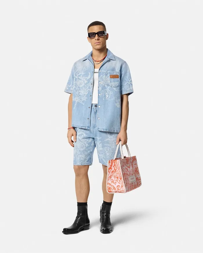 Versace Pants and Shorts Men Lasered Barocco Sea Denim Shorts Blue