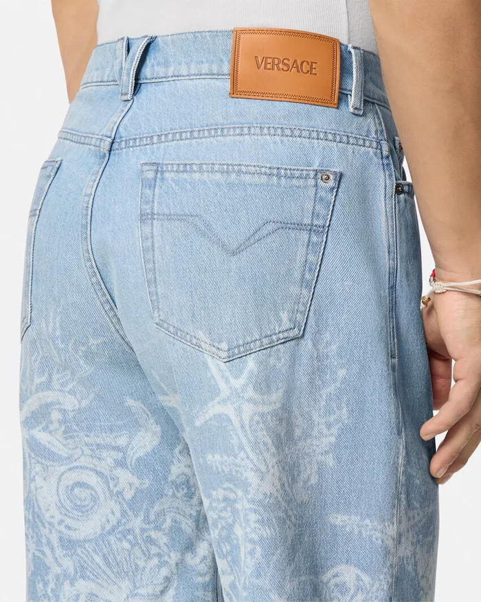 Versace Pants and Shorts Men Lasered Barocco Sea Denim Shorts Blue