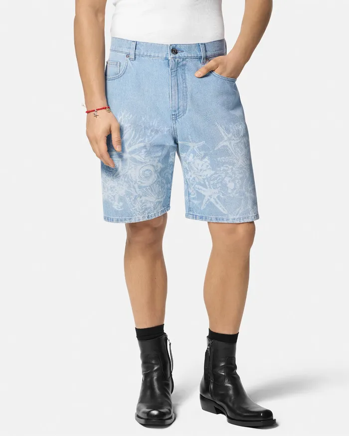 Versace Pants and Shorts Men Lasered Barocco Sea Denim Shorts Blue