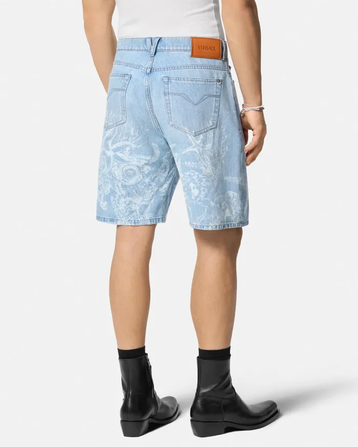 Versace Pants and Shorts Men Lasered Barocco Sea Denim Shorts Blue