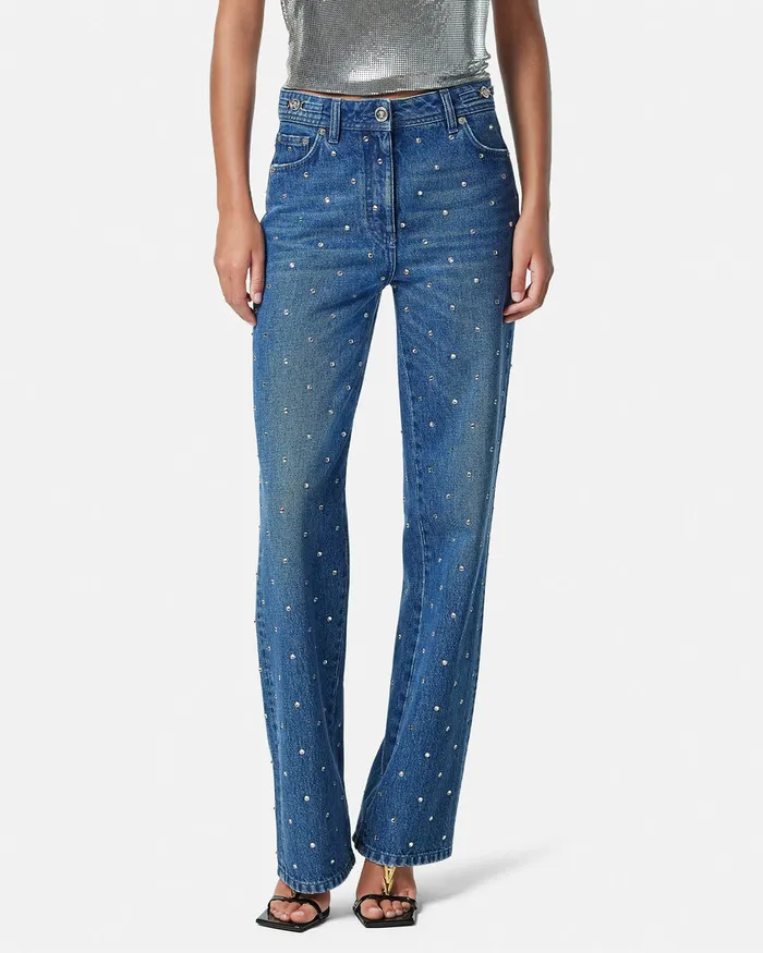 Versace Pants and Shorts Women Cielo Stellato Medusa 03995 Boyfriend Jeans Silver