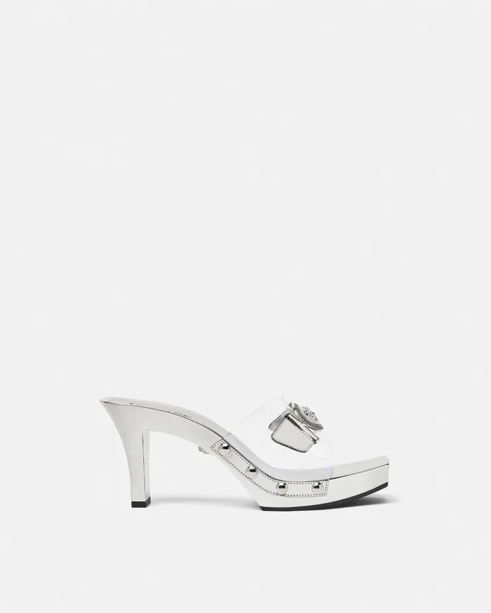 Versace Sandals Women Medusa Buckle Transparent Clogs 60 Mm Silver