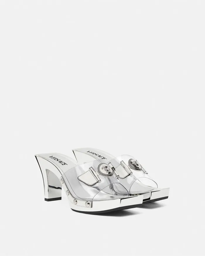Versace Sandals Women Medusa Buckle Transparent Clogs 60 Mm Silver