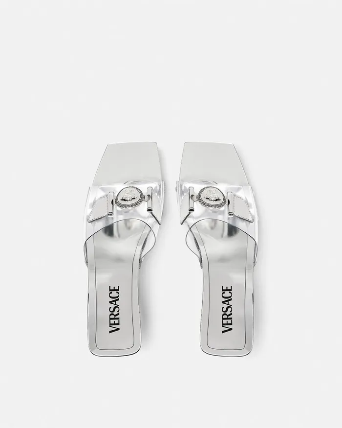 Versace Sandals Women Medusa Buckle Transparent Clogs 60 Mm Silver