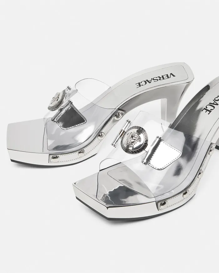 Versace Sandals Women Medusa Buckle Transparent Clogs 60 Mm Silver